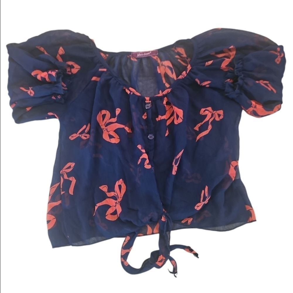 Navy Blue Blouse with Red Bow Print
